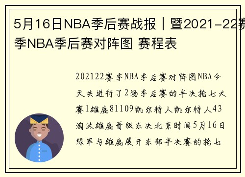 5月16日NBA季后赛战报｜暨2021-22赛季NBA季后赛对阵图 赛程表